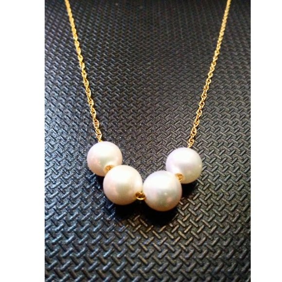 Solid 14K Yellow Gold Four Natural Round White Pearls Necklace 16"-19" - Picture 8 of 11